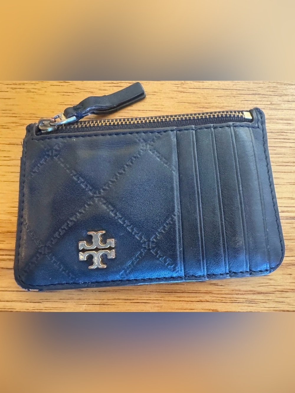 Tory Burch Georgia Top Zip Navy Blue Leather Card Case-GUC